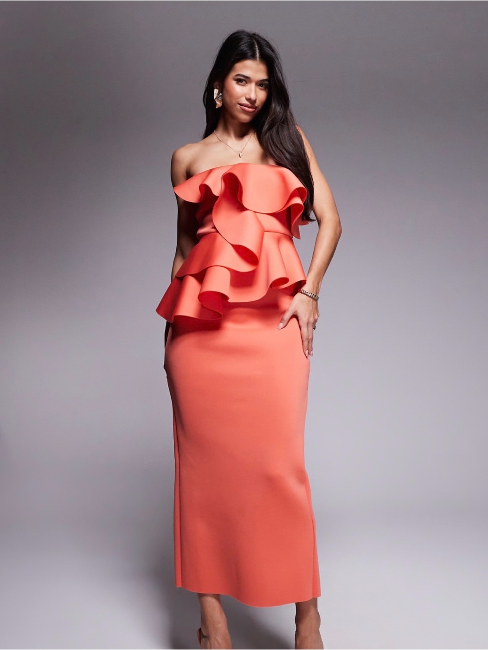 ASOS Strapless Ruffle Coral Midi Dress